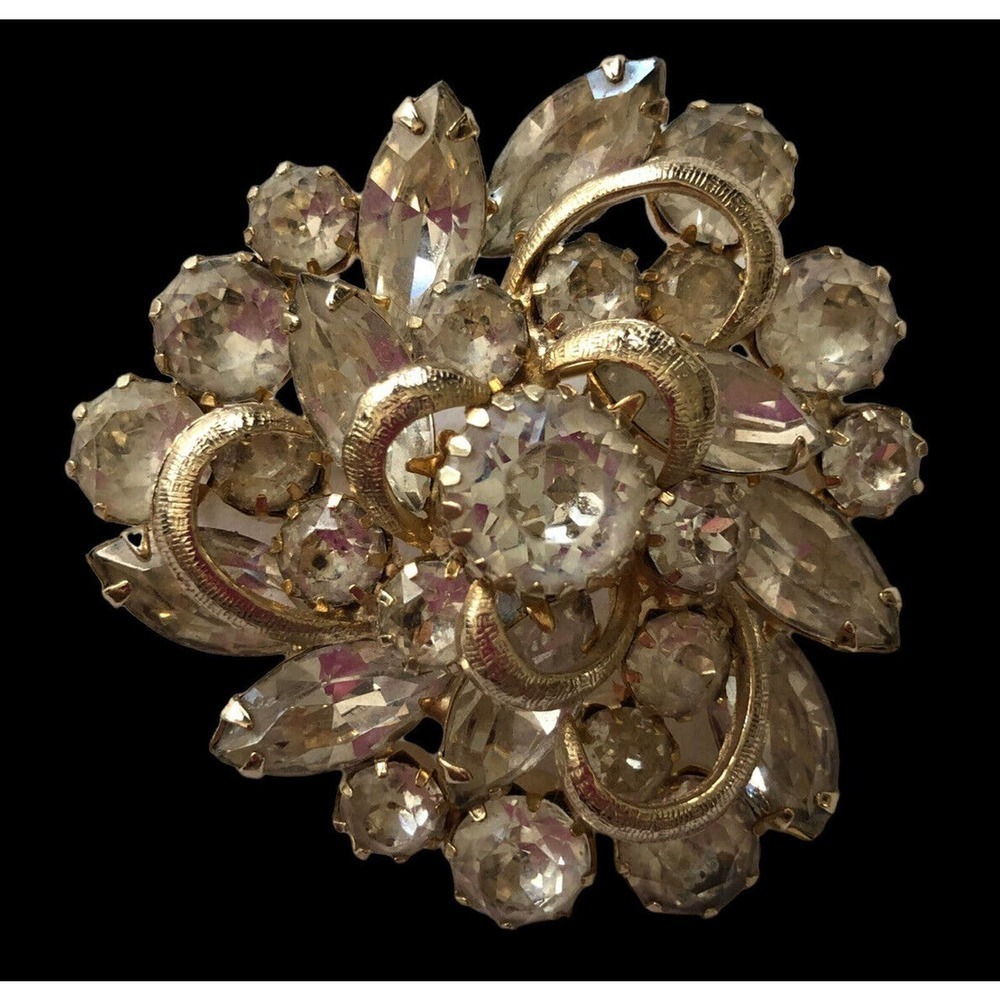 Kramer Clear Prong Set Gold Swirl Signed Rhinestone Crystal Pin Brooch Triangle - Picture 2 of 6